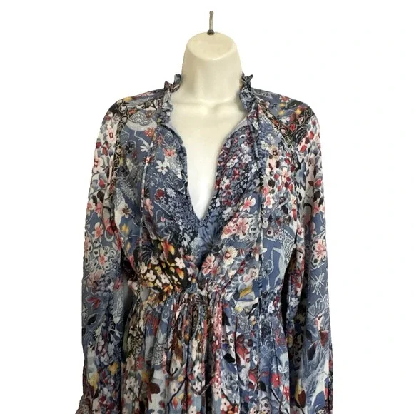 NEW Hemant & Nandita Blue Floral Mini Dress Boho Bohemian Peasant Long Sleeve M - Picture 2 of 15